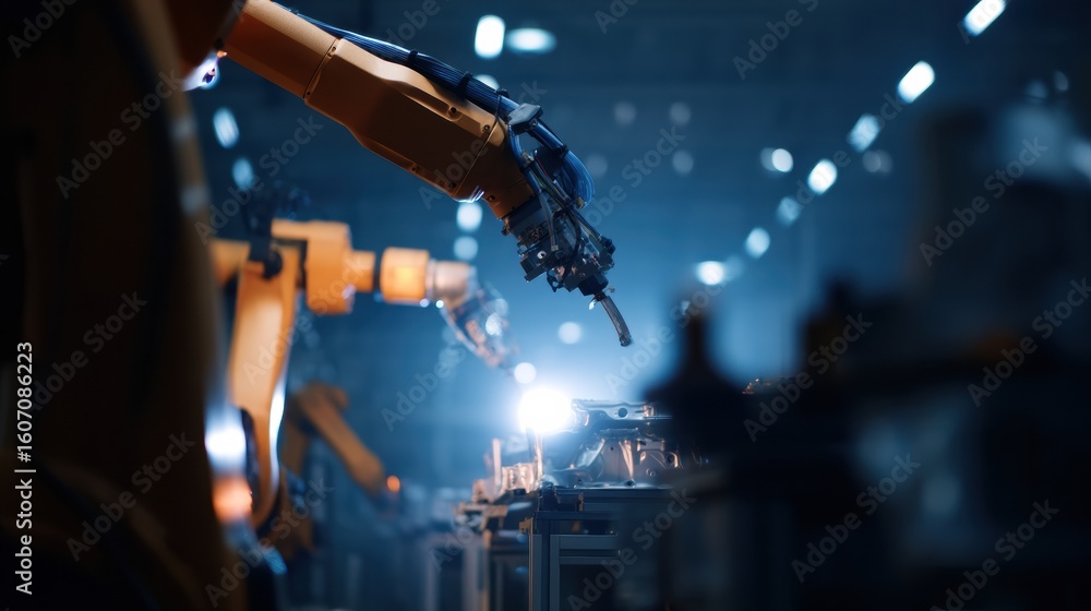 Poster high tech robotic arms operation, assembling components modern factory setting. scene showcases adva