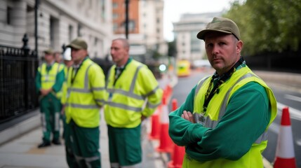 Group of workers wearing green uniforms and safety gear stand together on city street. They appear focused and alert, ready to manage their tasks efficiently