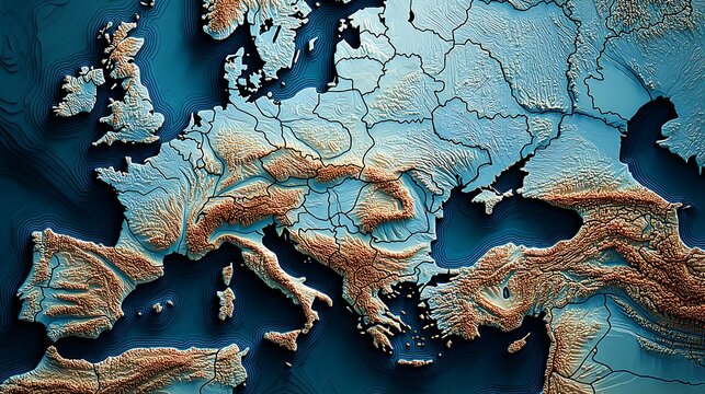 Detailed topographic map of europe showing mountains and rivers