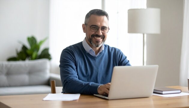 smiling, happy mature middle-aged professional man wearing eyeglasses, sitting at a wooden living room table, using a laptop for hybrid work, casually dressed in a comfortable sweater, natural dayligh - Powered by Adobe