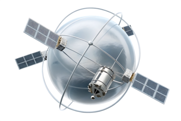 Space satellite with solar panels and orbiter isolated on a transparent background