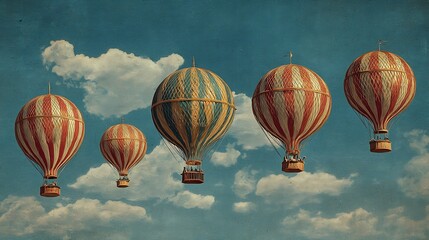 Vintage hot air balloons ascend through dreamy clouds