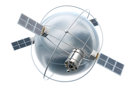 Space satellite with solar panels and orbiter isolated on a transparent background