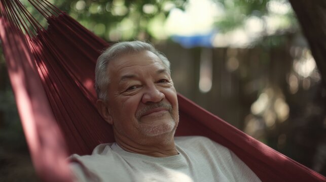 Relaxed senior man enjoying peaceful moment in hammock surrounded by greenery. His warm smile reflects contentment and tranquility in natural setting