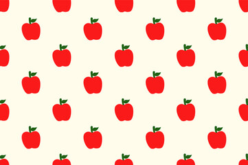 Seamless pattern with red apples and green leaf on light yellow background.
