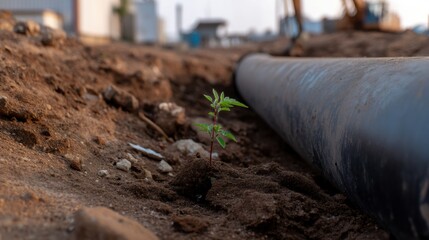 Fototapeta premium Small seedling emerges from soil near large pipe, symbolizing resilience and growth in industrial environment. contrast between nature and machinery evokes sense of hope