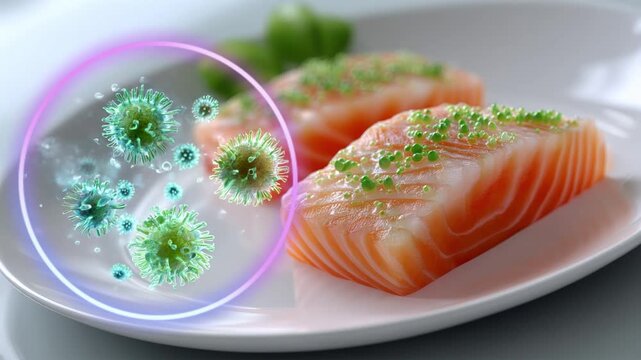 Raw fish fillet on a clean white plate, with a magnified inset showing animated parasites and bacteria on the fish flesh, symbolizing food safety concerns in undercooked seafood