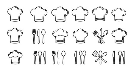 Chef hat and cutlery icons set in linear style for culinary themes