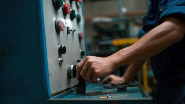 Worker operating control panel, adjusting machinery settings with precision and focus, showcasing importance of maintenance in industrial environments