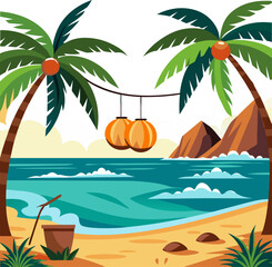 Summer beach with coconuts hanging from palm trees, ocean waves, and sun.