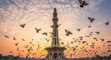 Minar-e-Pakistan at Sunset with Soaring Pigeons