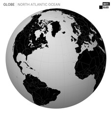 Vector Globe centered to North Atlantic Ocean. White Black palette. World map with meridians, parallels, countries, rivers and lakes. Captivating vector illustration.