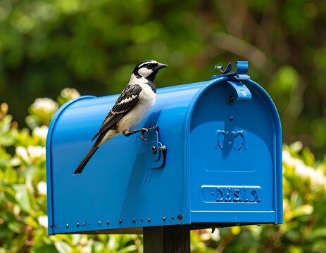 Bird on a blue mailbox in a garden