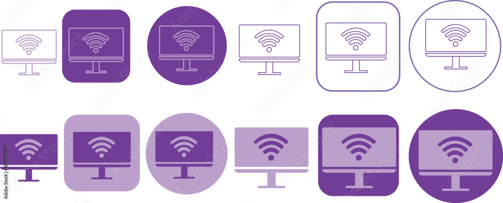 Poster modern computer screen icons with wifi signal in purple tones for technology or communication design