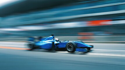 Fast Blue Sports Car Racing on Track at Sunset

