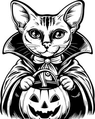 SVG of a Halloween cat with a witch hat and pumpkin designed in a cute tattoo style.Spooky Cat in Cape with Pumpkin for Halloween Celebration