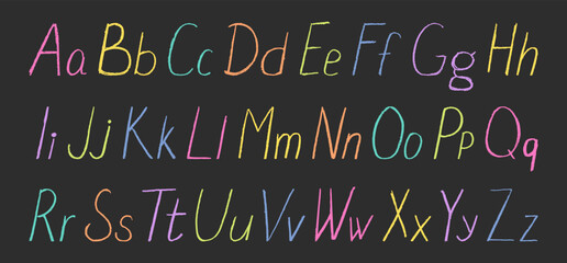 Crayon childish alphabet and numbers with pencil crayon texture. Hand drawn scribble letters and numbers in kids grunge style with crayon texture.