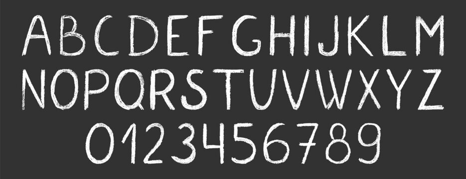 Crayon childish alphabet and numbers with pencil crayon texture. Hand drawn scribble letters and numbers in kids grunge style with crayon texture.