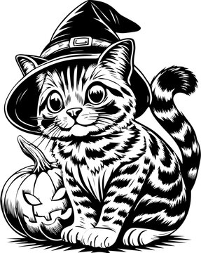 SVG of a Halloween cat with a witch hat and pumpkin designed in a cute tattoo style.Adorable Cat in Witch Hat with Halloween Pumpkin Illustration