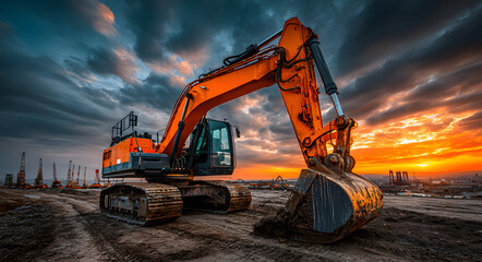 Robust orange excavator with muddy bucket on a busy construction site at sunset