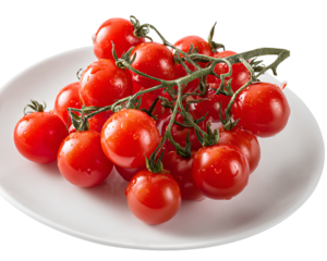 Fresh cherry tomatoes with stem isolated transparent background