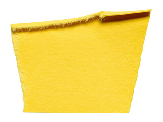 Isolated cut out torn piece of blank yellow paper note cardboard with rough texture edges and copy...