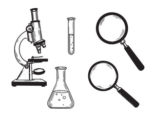 Vintage science lab set featuring microscope test tube beaker and magnifying glass in engraved style