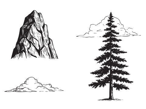 Vintage mountain nature set with mountain rock pine tree and cloud in engraved black line art