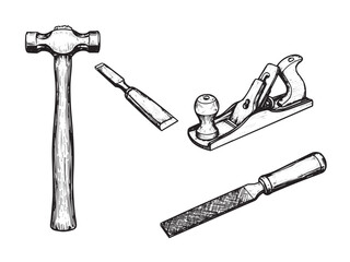 Engraved artisan tools collection with hammer chisel hand plane and file in vintage black line style