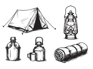 Engraved camping gear with tent lantern canteen and sleeping bag in solid black linework style © Gabut Stock