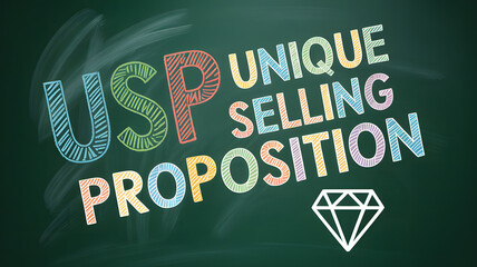 USP "UNIQUE SELLING PROPOSITION" text in chalk on green chalkboard with rainbow colors and diamond icon
