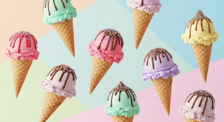 different colorful ice cream cones floating on colorful background 