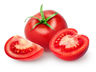 One whole, half and slice of tomatoes isolated on white background