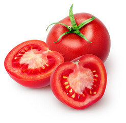 One whole and two halves of tomatoes isolated on white background