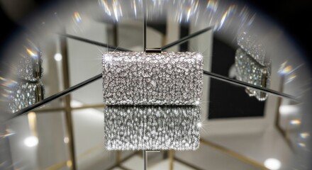 A luxurious branded lady purse in silver glowing color in a showcase 