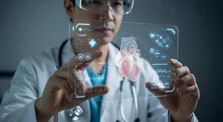 Doctor analyzes holographic heart data with futuristic medical interface technology