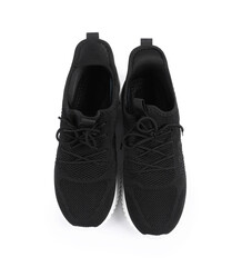 Pair of stylish black sneakers on white background, top view