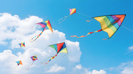 Several vibrant, colorful kites soar against a backdrop of a bright blue sky dotted with fluffy white clouds.  The kites are various shapes and sizes, creating a cheerful and playful scene.