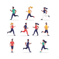 Vector illustration set of diverse orang joging. Bright flat colors, clean lines, isolated on white background, minimal shadow
