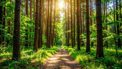 Ścieżka prowadząca przez wiosenny zielony las skąpany w promieniach słońca
