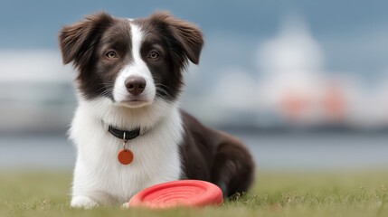 Border collie showcases its charm while waiting for the perfect moment to fetch a bright frisbee on a sunny afternoon. National Pet Insurance Month