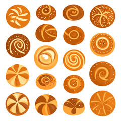 Assortment of cartoon-style bread rolls, top view, featuring swirls, scores, and sesame seeds.