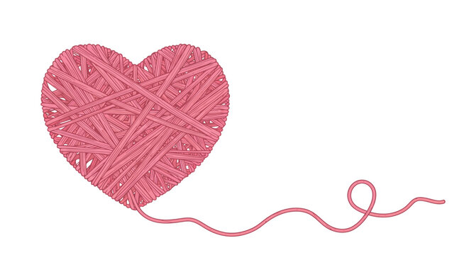 Heart shaped yarn ball with a loose strand on white background