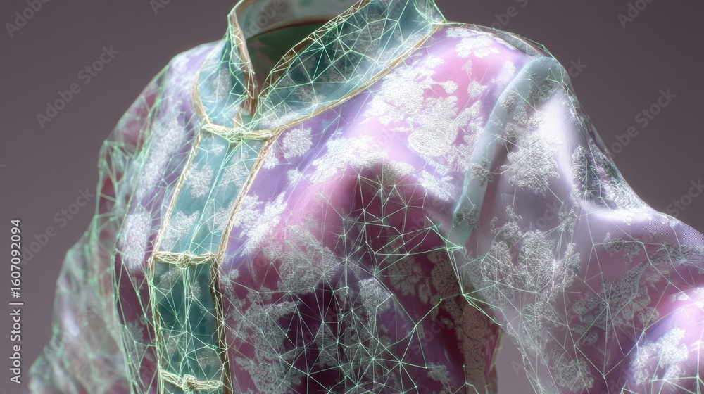 Poster flowing silk fabric with intricate floral patterns is digitally enhanced with a wireframe overlay, s