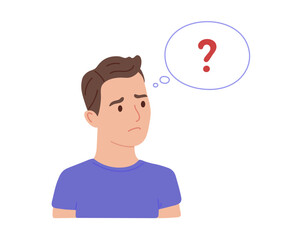 Man think about question, brain activity affected by worry and disorder. Mental stress, thought overload, and cognitive challenges with anxiety. Vector flat illustration