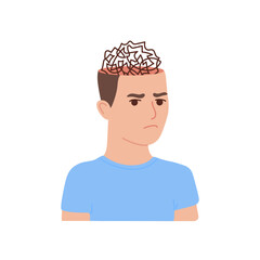 Man lost in thought, psychological stress and memory strain. Anxiety, mental overload, and emotional imbalance. Vector flat illustration