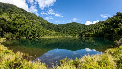 Serene mountain lake reflecting sky