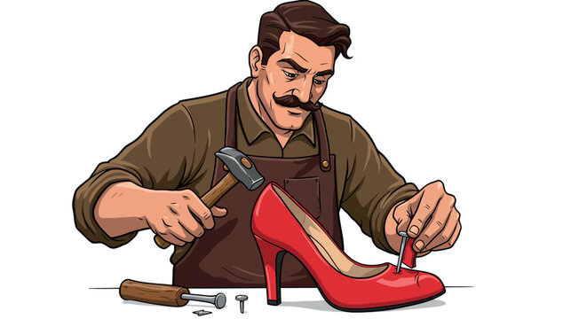 Craftsman repairing high heel shoe with expertise and precision in vibrant style - Powered by Adobe