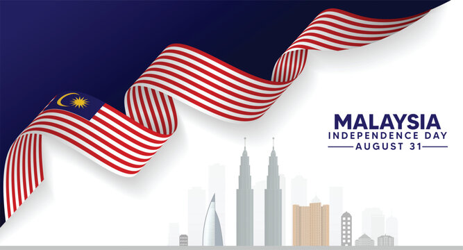 Malaysia Independence Day 31 August flag ribbon with cityscape vector poster