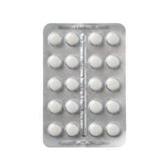 Blister pack of round white pills isolated on transparent background